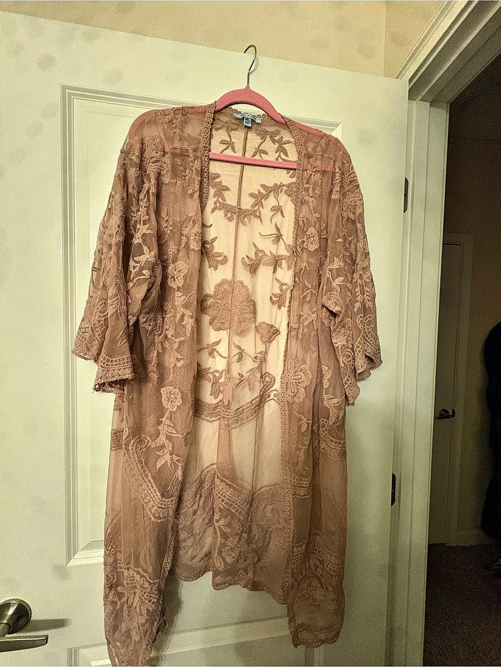 She + Sky Embroidered Mesh Long Kimono Cardigan Pink & Brown Medium/Large